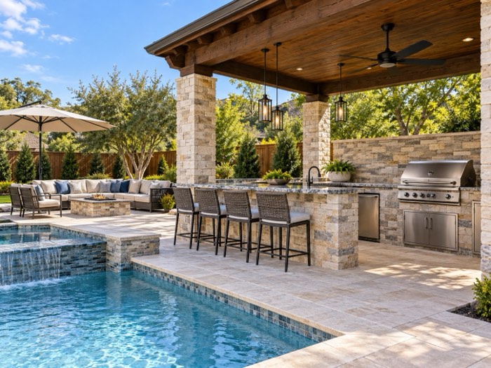 Illustration of an outdoor grill area by a pool