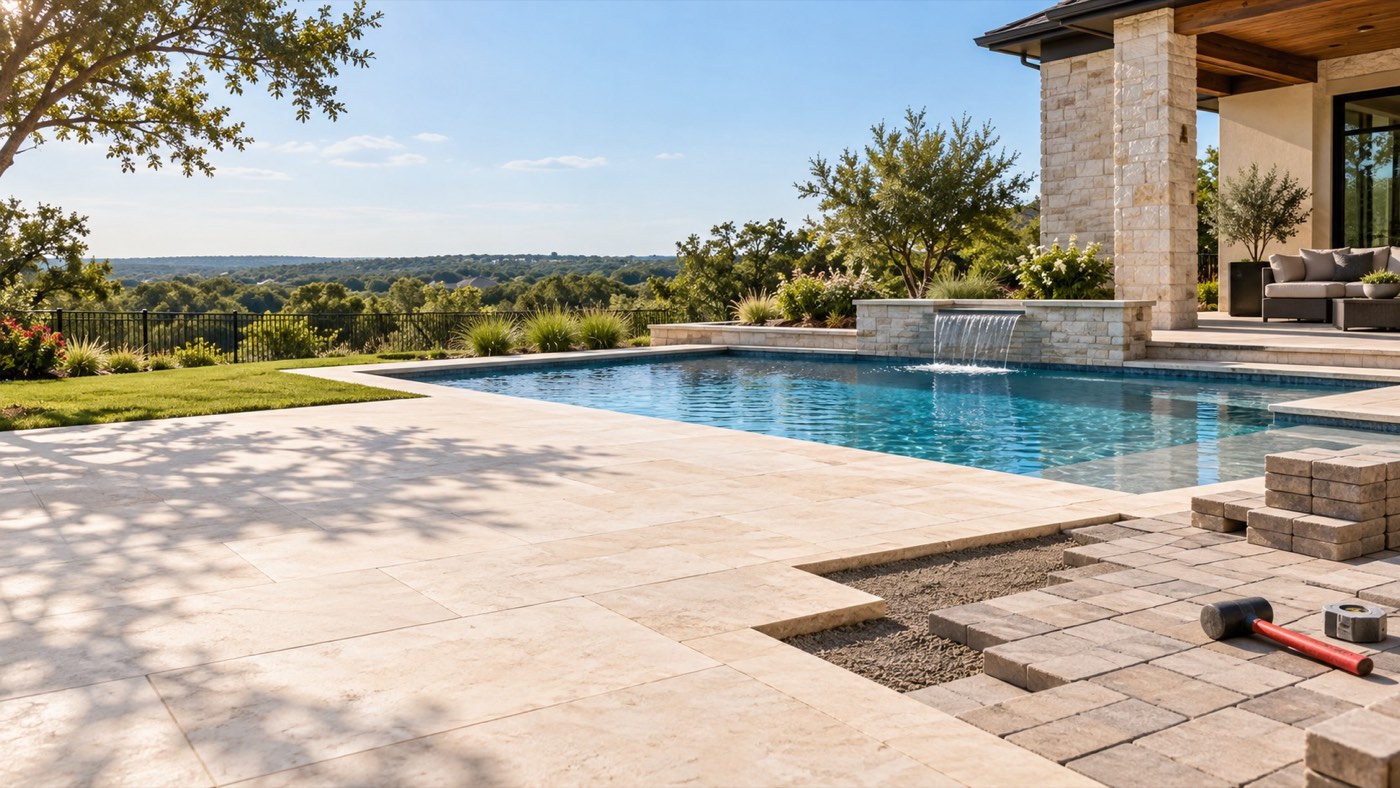 Illustration of a pool patio under construction with pavers being laid