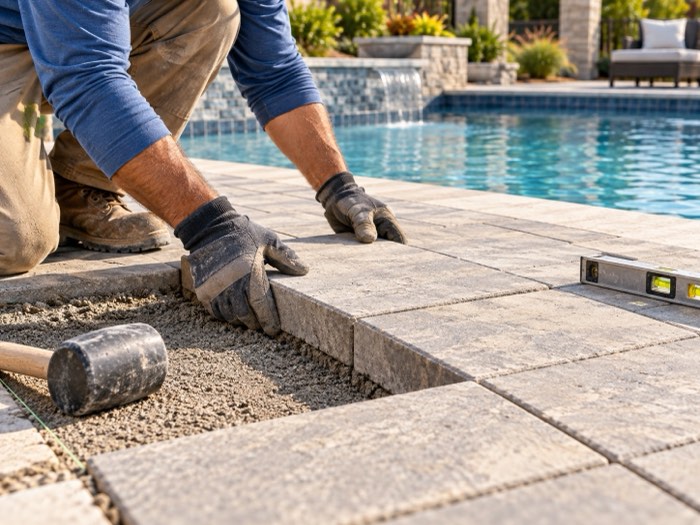 Illustration of a contractor setting poolside pavers